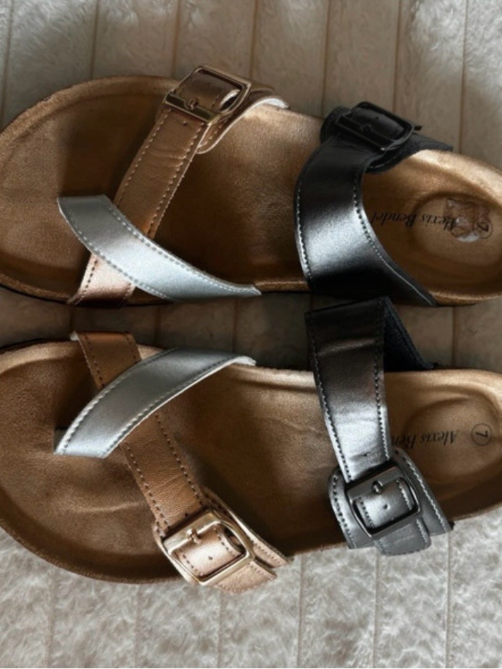 Dual-Metallic Slide Sandals with Adjustable Buckles - Women